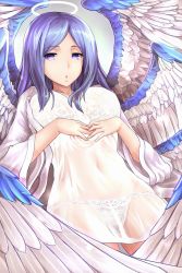 Rule 34 | 1girl, angel wings, bad id, bad pixiv id, blue eyes, blue hair, bra, carefree, cowboy shot, feathered wings, halo, highres, kamiya ueshi, long hair, long sleeves, multiple wings, open mouth, out of frame, sariel (touhou), see-through, seraph, shirt, solo, touhou, touhou (pc-98), underwear, very long hair, white shirt, white wings, wings