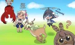 Rule 34 | + +, :d, ?, animal, animalization, barefoot, bird, black hair, black skirt, black sleeves, blue bow, blue eyes, blue skirt, blue sky, blush stickers, bow, brown eyes, brown hair, ceres fauna, cloud, commentary, dark-skinned female, dark skin, day, deer, detached sleeves, english text, feather hair ornament, feathers, green hair, hair between eyes, hair ornament, hakos baelz, highres, hololive, hololive english, juliet sleeves, long hair, long sleeves, low twintails, meme, motion blur, nanashi mumei, open mouth, ouro kronii, outdoors, owl, padoru (meme), propeller, puffy sleeves, red hair, rutorifuki, shirt, skirt, sky, smile, sparkle, standing, striped clothes, striped skirt, sweat, tsukumo sana, tsukumo sana (1st costume), twintails, upside-down, vertical-striped clothes, vertical-striped skirt, very long hair, virtual youtuber, white shirt, white sleeves