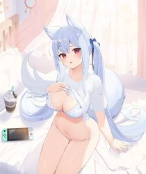 Rule 34 | 1girl, absurdres, animal ears, bed, blue hair, borrowed character, bow, bra, breasts, cleavage, clothes lift, cup, disposable cup, fox ears, fox girl, fox tail, frown, hair bow, hair ornament, hairclip, hand on own chest, highres, lace, lace-trimmed bra, lace trim, large breasts, large tail, lifted by self, lingerie, long hair, looking at viewer, nail polish, navel, nintendo switch, no pants, nyun, on bed, original, panties, parted lips, red eyes, shirt, shirt lift, short sleeves, sidelocks, sitting, solo, stomach, string panties, sweat, tail, thigh gap, thighs, twintails, underwear, very long hair, white bra, white panties, white shirt, x hair ornament