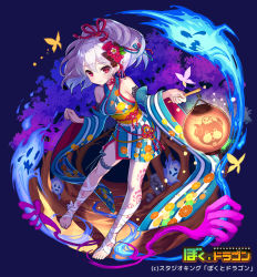 Rule 34 | 1girl, bandaged leg, bandages, bare shoulders, blue background, bokutodragon, breasts, bug, butterfly, detached sleeves, fantasy, floral print, flower, full body, ghost, hair flower, hair ornament, hair ribbon, insect, japanese clothes, kimono, lantern, leg tattoo, looking at viewer, medium breasts, official art, patori, red ribbon, ribbon, simple background, solo, standing, tattoo, thigh strap, watermark, white hair, wide sleeves