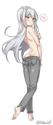 Rule 34 | 10s, 1girl, alternate costume, ass, back, bad id, bad twitter id, barefoot, black pants, breasts, brown eyes, butt crack, closed mouth, covering privates, covering breasts, denim, ebifurya, eyebrows, from behind, full body, grey hair, highres, inactive account, jeans, kantai collection, long hair, looking at viewer, looking back, medium breasts, pants, shoukaku (kancolle), simple background, soles, solo, speech bubble, spoken blush, standing, toes, tomboy, topless, twitter username, white background