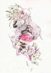 Rule 34 | 1girl, ahoge, bad id, bad pixiv id, blue eyes, boots, flower, from behind, ia (vocaloid), lilies, lily (flower), long hair, looking back, off shoulder, pink hair, skirt, solo, thi76ki, traditional media, very long hair, vocaloid