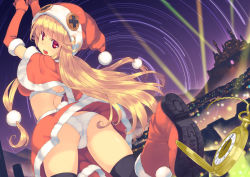 Rule 34 | 1girl, ass, bad id, bad pixiv id, black thighhighs, blonde hair, boots, capelet, castle, city, dutch angle, hat, horizon, long hair, looking at viewer, mountain, night, open mouth, original, panties, pantyshot, pocket watch, red eyes, santa costume, santa hat, searchlight, skirt, sky, solo, star (sky), star (symbol), star trail, starry sky, stopwatch, sumaki shungo, thighhighs, underwear, upskirt, very long hair, watch, white panties