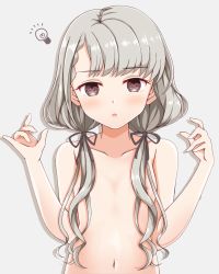 Rule 34 | 1girl, arms up, bad id, bad pixiv id, braid, braided bangs, breasts, brown eyes, commentary request, empty eyes, grey background, hair over breasts, hisakawa nagi, idolmaster, idolmaster cinderella girls, long hair, low twintails, naruse nagi, navel, nipples, silver hair, simple background, small breasts, solo, topless, twintails, upper body
