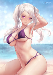 Rule 34 | 1girl, alternate costume, aztodio, bare shoulders, beach, bikini, blush, breasts, cleavage, collarbone, fire emblem, fire emblem awakening, grima (fire emblem), highres, large breasts, long hair, looking at viewer, navel, nintendo, purple eyes, robin (female) (fire emblem), robin (fire emblem), sideboob, skindentation, solo, swimsuit, thighs, twintails, underboob, white hair