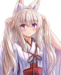 Rule 34 | 1girl, absurdres, animal ear fluff, animal ears, blush, bow, brown hair, bunching hair, closed mouth, commentary request, fox ears, fox girl, hair between eyes, hands up, highres, iroha (iroha matsurika), japanese clothes, kimono, koyoi (iroha (iroha matsurika)), looking at viewer, miko, original, purple eyes, red bow, simple background, solo, sweat, two side up, upper body, white background, white kimono