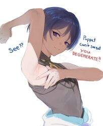 Rule 34 | 1boy, absurdres, armpit focus, armpits, arms behind head, bishounen, commentary, english commentary, english text, genshin impact, highres, japanese clothes, laki (tabbizx), looking at viewer, male focus, presenting armpit, purple eyes, purple hair, scaramouche (genshin impact), short hair, simple background, smile, solo, spread armpit, upper body, white background