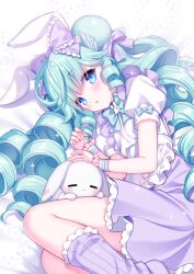 Rule 34 | 1girl, :o, animal, animal ears, apron, bed sheet, blue bow, blue eyes, blush, bow, commission, dress, drill hair, drill sidelocks, feet out of frame, frilled apron, frilled bow, frills, green hair, hair bow, hands up, highres, long hair, looking at viewer, lying, miruku (cutesuu), on side, original, parted lips, pixiv commission, pleated skirt, puffy short sleeves, puffy sleeves, purple bow, purple skirt, purple socks, rabbit, rabbit ears, sacraneco, shirt, short sleeves, sidelocks, skirt, socks, solo, very long hair, white apron, white background, white shirt, wrist cuffs