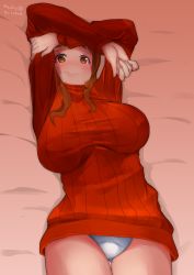 Rule 34 | 1girl, absurdres, arm grab, arms up, bed sheet, blunt bangs, blush, breasts, closed mouth, commentary, covered erect nipples, crotch seam, dated, embarrassed, frown, girls und panzer, gluteal fold, highres, impossible clothes, impossible shirt, irukatto, large breasts, long hair, long sleeves, looking at viewer, no pants, on bed, one-hour drawing challenge, on one knee, orange eyes, orange hair, panties, red shirt, reversed, ribbed shirt, shirt, solo, sweatdrop, takebe saori, thigh gap, twitter username, underwear, white panties