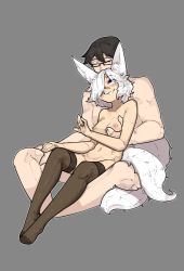 Rule 34 | 1boy, 1girl, absurdres, aio fuwamiya (shuuko), animal ears, black-framed eyewear, blue eyes, blush, breasts, brown legwear, brown thighhighs, collarbone, commentary, completely nude, couple, english commentary, fox ears, fox girl, fox tail, glasses, grabbing, grabbing another&#039;s breast, grey background, hetero, highres, husband and wife, jewelry, looking up, medium breasts, multiple tails, navel, nipples, no shoes, nude, on lap, original, ring, semi-rimless eyewear, short hair, shuuko (s h uuko), simple background, sitting, smile, tail, teeth, thighhighs