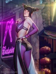 Rule 34 | 1girl, ass, audia pahlevi, capcom, from behind, han juri, highres, looking back, neon sign, realistic, road, solo, street, street fighter, street fighter iv (series)