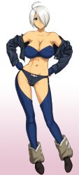 Rule 34 | 1girl, abs, ahoge, angel (kof), bare shoulders, breasts, bustier, cleavage, female focus, fingerless gloves, gloves, hair over one eye, hands on own hips, highres, jacket, large breasts, long image, navel, narrow waist, snk, solo, st.germain-sal, tall image, the king of fighters, white hair