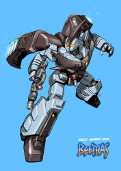 Rule 34 | blue background, flying, glowing, glowing eyes, gun, highres, holding, holding gun, holding weapon, insect wings, mecha, mercy rabbit, no humans, open hand, original, robot, solo, weapon, wings, yellow eyes