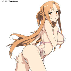 Rule 34 | 1girl, arched back, artist name, ass, asuna (sao), baba arumi, bikini, breasts, brown eyes, brown hair, contrapposto, cowboy shot, dated, from side, half updo, hand on own ass, hand on own chest, large breasts, leaning forward, long hair, looking at viewer, one side up, parted bangs, parted lips, side-tie bikini bottom, sideboob, sidelocks, simple background, solo, standing, string bikini, sweatdrop, swimsuit, sword art online, very long hair, white background, white bikini