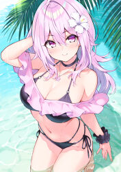 1girl arm_up bikini black_bikini blush breasts closed_mouth day flower hair_flower hair_ornament hibiscus highres hisen_kaede huge_breasts long_hair looking_at_viewer navel original outdoors palm_tree pink_eyes scrunchie smile solo stomach swimsuit thighs tree wrist_scrunchie