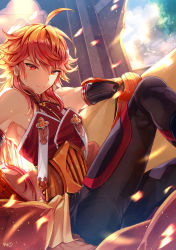 Rule 34 | 1boy, ahoge, bishounen, black pants, closed mouth, cropped legs, fate/grand order, fate (series), gloves, highres, long hair, looking at viewer, male focus, messy hair, orange hair, pants, rama (fate), red eyes, satoimo (3311 mi), sitting, smile, solo