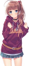 Rule 34 | 1girl, :&gt;, ahoge, belt, blue eyes, blush, breasts, brown hair, choker, closed mouth, cowboy shot, eyebrows hidden by hair, feet out of frame, female focus, game cg, hands up, highres, hood, hoodie, jewelry, legs, long hair, looking at viewer, medium breasts, necklace, original, side ponytail, skirt, sleeves past wrists, smile, solo, standing, tachi-e, tachibanaki riho, thighs, transparent background, uchi no imouto, yamakaze ran