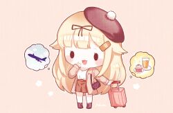Rule 34 | 1girl, :3, aircraft, airplane, alternate costume, bag, beret, black hat, black ribbon, blonde hair, blush, chibi, coat, cup, food, hair flaps, hair ornament, hair ribbon, hairclip, hat, highres, kantai collection, long hair, long sleeves, nada namie, open mouth, pom pom (clothes), ribbon, scarf, shirt, signature, simple background, skirt, solo, standing, suitcase, yuudachi (kancolle), yuudachi kai ni (kancolle)