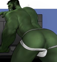 Rule 34 | 1boy, anal hair, ass, ass focus, ass hair, back, bara, beard, black hair, colored skin, dopey (dopq), facial hair, fangs, from behind, green skin, highres, jockstrap, leaning forward, looking at viewer, male focus, male underwear, mature male, monster boy, muscular, muscular male, orc, original, paid reward available, pointy ears, short hair, solo, thick eyebrows, thick thighs, thighs, underwear, underwear only, white male underwear