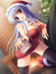 Rule 34 | 1girl, :p, antenna hair, bell, blue hair, breasts, christmas, christmas tree, cleavage, dutch angle, fireplace, hat, head tilt, highres, large breasts, long hair, massan, original, red eyes, santa costume, santa hat, solo, thighhighs, tongue, tongue out, very long hair