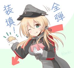 Rule 34 | 1girl, ^^^, anchor hair ornament, arrow (symbol), beans, blonde hair, box, commentary request, green eyes, hair ornament, hat, highres, kantai collection, long hair, looking at viewer, low twintails, military, military uniform, one-hour drawing challenge, one eye closed, peaked cap, prinz eugen (kancolle), setsubun, shizuna kaede, solo, throwing, tongue, tongue out, translation request, twintails, uniform, upper body