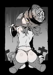 Rule 34 | 1girl, absurdres, ass, ass grab, bags under eyes, cameltoe, chinese clothes, cropped legs, detached sleeves, disembodied limb, from behind, graveyard, greyscale, guro, hair between eyes, halloween, hat, highres, intestines, jiangshi, karasu raven, looking at viewer, looking back, low twintails, messy hair, monochrome, original, ringed eyes, stitches, twintails, wedgie, yellow eyes, zombie