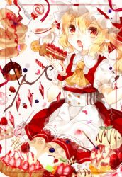 Rule 34 | 1girl, apron, ascot, blonde hair, blueberry, bonnet, cake, candy, cherry, chocolate, cranberry, cup, doughnut, dripping, earrings, eating, fangs, flandre scarlet, food, fork, fruit, fruit tart, hat, ice cream, jelly bean, jewelry, lollipop, macaron, mokyuko, open mouth, orange (fruit), pancake, pocky, red eyes, saucer, short hair, simple background, solo, strawberry, strawberry shortcake, strawberry tart, sweets, swirl lollipop, tart (food), tea, teacup, touhou, wafer stick, wings, wrist cuffs
