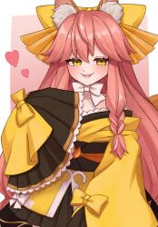 Rule 34 | 1girl, absurdres, animal ear fluff, animal ears, border, bow, bowtie, fang, fate/samurai remnant, fate (series), fox ears, hair bow, hand on own chest, heart, highres, japanese clothes, kimono, long hair, looking at viewer, noerujq, obi, parted lips, pink background, pink hair, sash, sidelocks, simple background, sleeves past fingers, sleeves past wrists, smile, solo, tamamo (fate), tamamo aria (fate), upper body, white border, white bow, white bowtie, wide sleeves, yellow bow, yellow eyes, yellow kimono