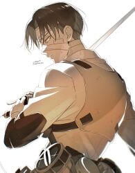 Rule 34 | 1boy, bandaged head, bandages, bell, black hair, collared shirt, cowbell, from behind, highres, holding, holding sword, holding weapon, levi (shingeki no kyojin), looking at viewer, looking back, male focus, sanpaku, shingeki no kyojin, shirt, short hair, solo, sword, taso (harutsukimikan), three-dimensional maneuver gear, tsurime, weapon