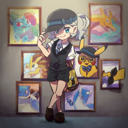Rule 34 | 1girl, adjusting clothes, adjusting headwear, alternate costume, backpack, bag, black footwear, black hat, black shorts, black vest, blastoise, bow, cabbie hat, charizard, closed mouth, clothed pokemon, commentary request, creatures (company), cross-laced footwear, crossed legs, diagonal-striped clothes, diagonal-striped necktie, diagonal-striped neckwear, dragonair, drawing, drawing (object), dress shirt, elaine (pokemon), game freak, gen 1 pokemon, green bow, green necktie, hat, hat bow, holding, ivysaur, looking at viewer, medium hair, necktie, nintendo, no socks, partial commentary, picture frame, pikachu, pokemon, pokemon (creature), pokemon lgpe, ponytail, sandslash, shirt, shoes, short shorts, short sleeves, shorts, smile, solo, standing, striped clothes, striped necktie, striped neckwear, ukata, vest, white shirt, wing collar