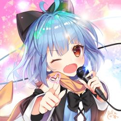 Rule 34 | 1girl, bare shoulders, black bow, blue hair, blush, bow, brown eyes, commentary request, copyright request, detached sleeves, fang, haiba 09, hair bow, hair ornament, highres, holding, holding microphone, looking at viewer, medium hair, microphone, one eye closed, skin fang, solo, virtual youtuber