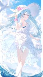 Rule 34 | 1girl, absurdres, aqua eyes, aqua hair, backlup, bare legs, bare shoulders, blush, breasts, dress, feet out of frame, flower, frilled dress, frills, hair ornament, hat, hat flower, hatsune miku, highres, holding, holding shoes, long hair, looking at viewer, looking back, medium breasts, outdoors, scrunchie, shoes, sleeveless, sleeveless dress, small breasts, smile, solo, strapless, strapless dress, sundress, twintails, very long hair, vocaloid, white dress, white hat, wrist scrunchie