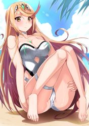 Rule 34 | 1girl, blonde hair, breasts, cleavage, highres, large breasts, long hair, looking at viewer, mythra (xenoblade), nintendo, oki kuro, one-piece swimsuit, swimsuit, thighs, very long hair, xenoblade chronicles (series), xenoblade chronicles 2, yellow eyes