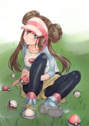 Rule 34 | 1girl, absurdres, black leggings, blue eyes, blue footwear, blue sleeves, breasts, brown hair, collarbone, commentary request, creatures (company), dot nose, double bun, doughnut hair bun, full body, game freak, grass, hair bun, hat, highres, holding, leggings, legs folded, long sleeves, looking at viewer, medium breasts, nail polish, nintendo, outdoors, parted lips, poke ball, pokemon, pokemon bw2, raglan sleeves, rosa (pokemon), shadow, shoes, shorts, sitting, sneakers, solo, spread legs, twintails, wochi, yellow nails, yellow shorts
