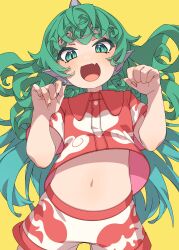 Rule 34 | 1girl, :d, absurdres, commentary request, cowboy shot, curly hair, e sdss, fang, fingernails, flat chest, green eyes, green hair, hands up, happy, highres, horns, komano aunn, long hair, midriff, navel, open mouth, paw pose, petite, red shirt, sharp fingernails, shirt, short sleeves, shorts, simple background, single horn, skin fang, smile, solo, touhou, very long hair, white shorts, yellow background