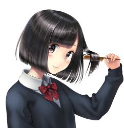 Rule 34 | 1girl, absurdres, black hair, black sweater, blunt bangs, bob cut, bow, bowtie, brown eyes, brushing hair, cloud, collared shirt, comb, highres, holding, lips, long sleeves, original, red bow, red bowtie, sarekoube, school uniform, shirt, simple background, solo, sweater, tareme, upper body, white background, wing collar