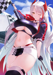Rule 34 | 1girl, absurdres, azur lane, black gloves, black jacket, black thighhighs, blush, breasts, checkered flag, commentary request, flag, gloves, highres, holding, holding flag, jacket, large breasts, long hair, looking at viewer, microskirt, multicolored hair, navel, nenma, official alternate costume, one eye closed, outdoors, panties, parted lips, prinz eugen (azur lane), prinz eugen (final lap) (azur lane), race queen, red hair, red panties, silver hair, skirt, sky, smile, solo, streaked hair, thighhighs, thighs, two side up, underboob, underwear, yellow eyes