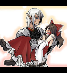 Rule 34 | 00s, 1boy, 1girl, armor, blue eyes, blush, bow, brown hair, buront, crossover, detached sleeves, dress, final fantasy, final fantasy xi, hair bow, hair ribbon, hair tubes, hakurei reimu, letterboxed, long hair, open mouth, pointy ears, ribbon, short hair, silver hair, swan (doesu), sweatdrop, the iron of yin and yang, touhou