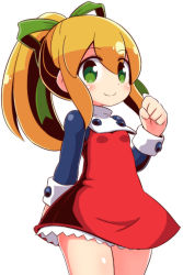 Rule 34 | 1girl, arm behind back, blonde hair, blush, breasts, clenched hand, closed mouth, commentary request, cowboy shot, dress, frilled dress, frills, green eyes, green ribbon, hair ribbon, long hair, long sleeves, looking at viewer, mega man (classic), mega man (series), naga u, ponytail, red dress, ribbon, roll (mega man), shiny skin, sidelocks, simple background, small breasts, smile, solo, standing, thighs, white background