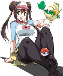 Rule 34 | 1girl, black pantyhose, blue eyes, blue sleeves, breasts, brown hair, collarbone, commentary request, creatures (company), double bun, game freak, gen 5 pokemon, hair bun, hand up, hat, kamisimo 90, long hair, looking at viewer, medium breasts, nintendo, open mouth, outstretched arm, pantyhose, pantyhose under shorts, poke ball, poke ball print, pokemon, pokemon (creature), pokemon bw2, print shirt, raglan sleeves, rosa (pokemon), shirt, shorts, sidelocks, sitting, snivy, thighs, twintails, visor cap, white background, yellow shorts