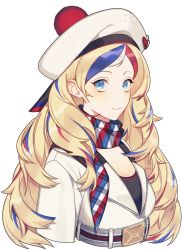 Rule 34 | 1girl, absurdres, anchor hair ornament, belt, beret, blonde hair, blue hair, commandant teste (kancolle), hair ornament, hat, highres, jacket, kantai collection, long hair, looking at viewer, multicolored clothes, multicolored hair, multicolored scarf, pom pom (clothes), red hair, scarf, simple background, solo, streaked hair, su konbu, swept bangs, upper body, wavy hair, white background, white hair, white jacket