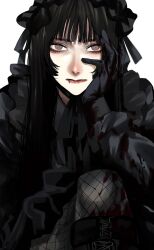 Rule 34 | 1girl, black footwear, black gloves, black hair, blood, blood on face, commentary, gloves, grey eyes, hairband, hand on own cheek, hand on own face, head rest, highres, hoshi san 3, lip piercing, lolita fashion, lolita hairband, long hair, long sleeves, looking at viewer, original, piercing, solo, symbol-only commentary