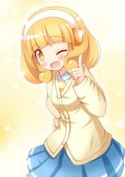 Rule 34 | 10s, 1girl, blonde hair, cardigan, hairband, highres, kise yayoi, one eye closed, precure, school uniform, short hair, skirt, smile precure!, solo, white hairband, wink, xenon (for achieve), yellow background, yellow eyes