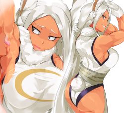 Rule 34 | 1girl, animal ears, licking armpit, armpits, ass, bare arms, bare shoulders, boku no hero academia, breasts, cafekun, commentary request, dark-skinned female, dark skin, from behind, gloves, grin, highleg, highleg leotard, highres, large breasts, leotard, licking, long hair, looking at another, looking at viewer, mirko, multiple views, muscular, muscular female, parted bangs, rabbit ears, rabbit girl, rabbit tail, simple background, smile, solo focus, tail, very long hair, white gloves