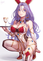 Rule 34 | 1girl, animal ears, bare shoulders, blue eyes, breasts, bridal gauntlets, closed mouth, commentary request, cup, earrings, fake animal ears, hair between eyes, hair ornament, high heels, highres, holding, jewelry, kneeling, large breasts, leotard, long hair, nail polish, on one knee, original, playboy bunny, purple hair, rabbit ears, red nails, sakiyamama, smile, solo, thighhighs, tray, white background, white leotard, white thighhighs