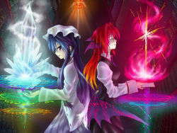 Rule 34 | 2girls, alternate wings, back-to-back, bat wings, book, bookshelf, closed eyes, colored eyelashes, crescent, crescent moon, cross, cryokinesis, crystal, dress, dress shirt, earrings, embodiment of scarlet devil, eyelashes, female focus, fire, glowing, gradient hair, hat, head wings, ice, jewelry, juliet sleeves, koakuma, library, long hair, long sleeves, looking back, low wings, magic, magic circle, moon, multicolored hair, multiple girls, open book, patchouli knowledge, puffy sleeves, purple dress, sandaime, shirt, skirt, skirt set, stained glass, striped clothes, striped dress, touhou, vertical stripes, very long hair, vest, voile, white shirt, window, wings