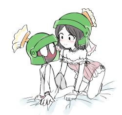 Rule 34 | 1boy, 1girl, all fours, arm support, bare shoulders, bed sheet, blush, dual persona, eye contact, genderswap, genderswap (mtf), green headwear, helmet, hetero, himuhino, humanization, lingerie, looking at another, looney tunes, marvin the martian, no mouth, no nose, selfcest, simple background, underwear, white background