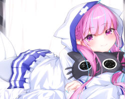 Rule 34 | 1girl, animal hood, animal-shaped pillow, blue hair, blue nails, blue skirt, blunt bangs, blush, braid, cat hood, closed mouth, curtains, feet out of frame, hololive, hood, hood up, indoors, jacket, kuronamialice, long hair, long sleeves, looking at viewer, lying, minato aqua, multicolored hair, neko (minato aqua), hugging object, on bed, on stomach, pantyhose, pillow, pleated skirt, purple eyes, purple hair, skirt, smile, solo, streaked hair, the pose, twintails, virtual youtuber, white jacket, white pantyhose