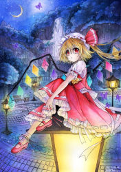 Rule 34 | 1girl, bench, blonde hair, bug, butterfly, flandre scarlet, glowing, glowing wings, hat, hat ribbon, bug, lamp, looking at viewer, mary janes, mob cap, moon, mosho, night, painting (medium), puffy short sleeves, puffy sleeves, red eyes, ribbon, shirt, shoes, short sleeves, side ponytail, sitting, sitting on object, skirt, skirt set, sky, solo, touhou, traditional media, vest, water, watercolor (medium), waterfall, wings