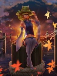 Rule 34 | 1girl, armpits, bare shoulders, blonde hair, blurry, bracelet, breasts, depth of field, detached sleeves, frog, hand on headwear, hat, highres, jewelry, lake, leaf, moriya suwako, navel, no bra, aged up, onbashira, rope, sarena, shide, shimenawa, sideboob, small breasts, solo, sunrise, thighhighs, touhou, white thighhighs, yellow eyes